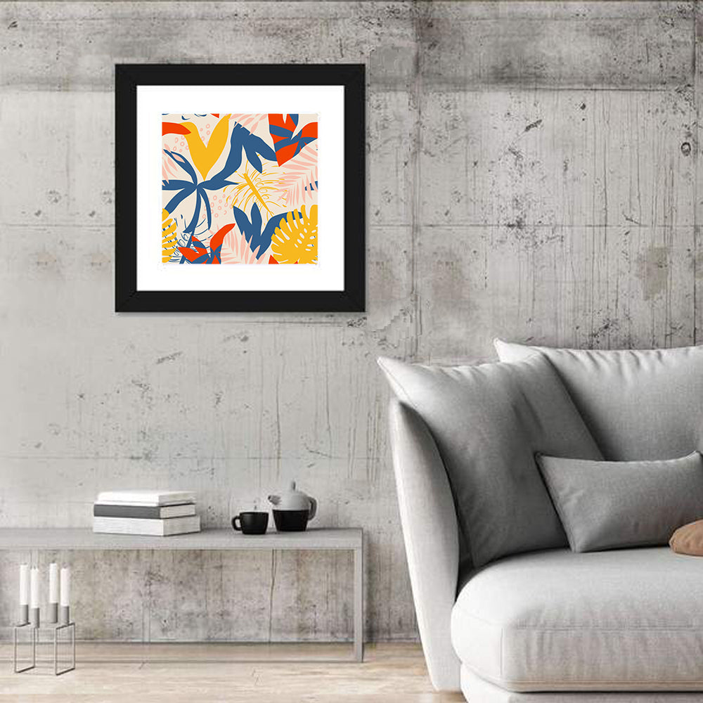 Bright Summer Tropical Pattern Wall Art in a room, square