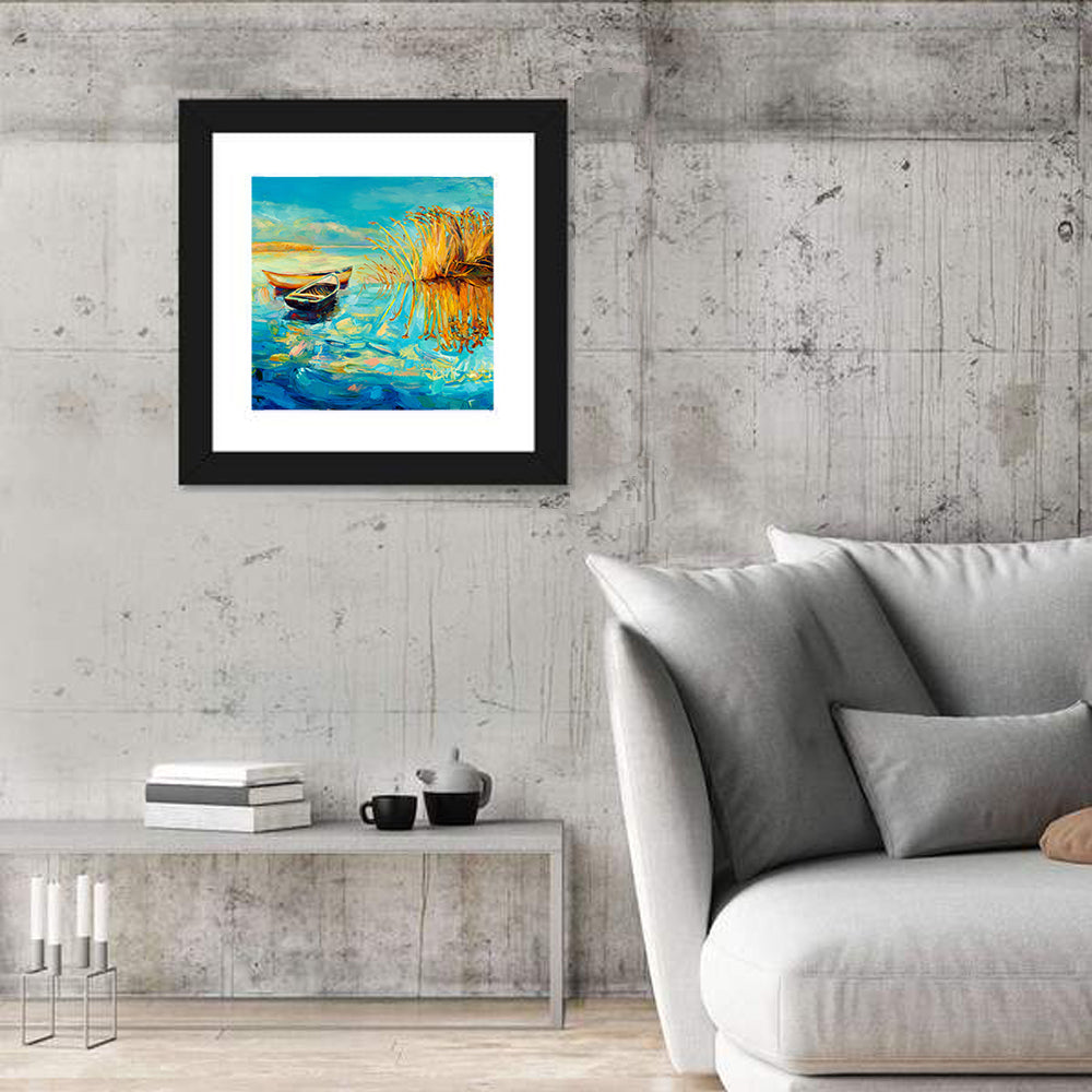 Rowboats and Reeds on Blue Lake Wall Art