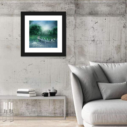 Misty Forest Lake with Wooden Bridge Wall Art