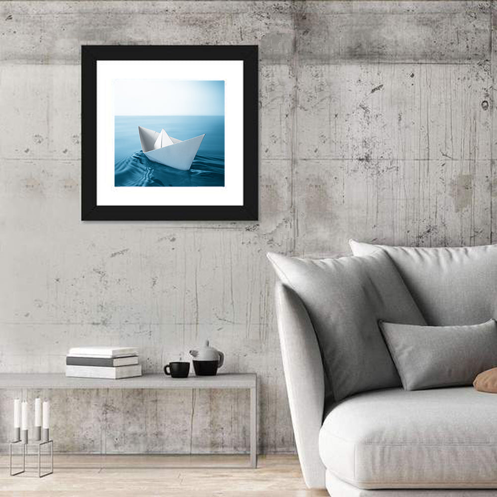 Paper Sailboat on Blue Water Wall Art