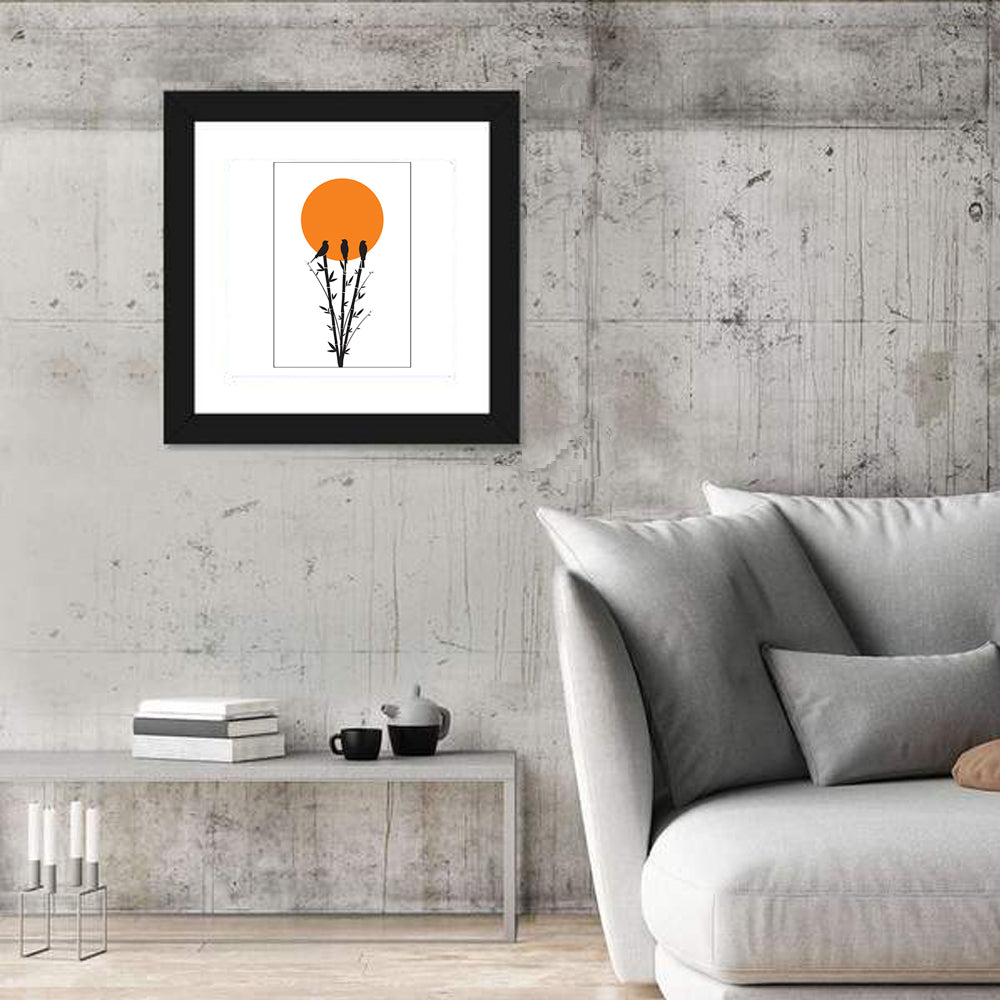 Bamboo and Birds Silhouette Wall Art in a room, square