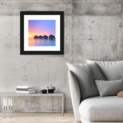 Maldives Sunset Over Water Bungalows Wall Art