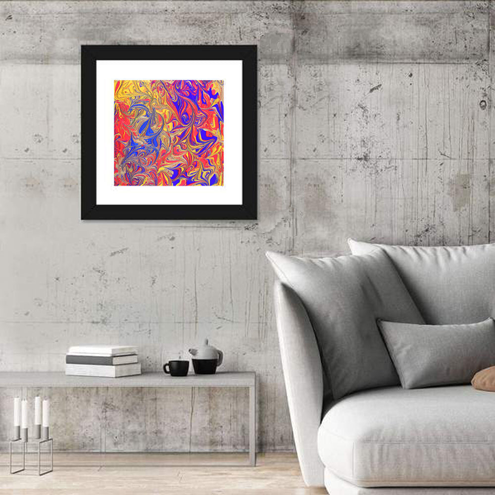 Vibrant Marbled Swirl Abstract Wall Art in a room, square