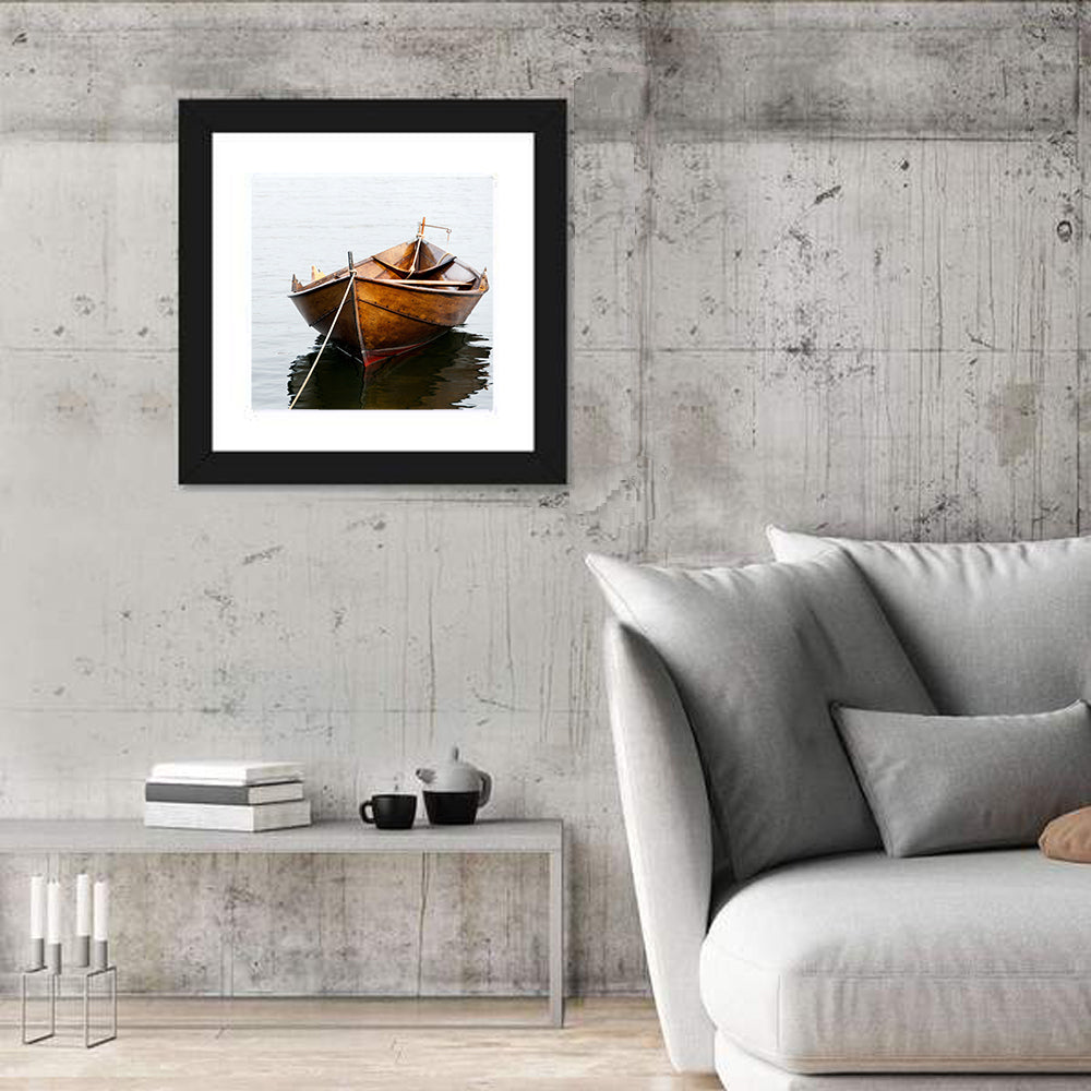 Tethered Wooden Rowboat on Calm Water Wall Art