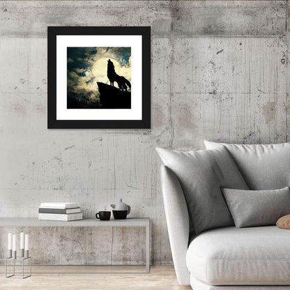 Howling Wolf Silhouette Against Full Moon Wall Art