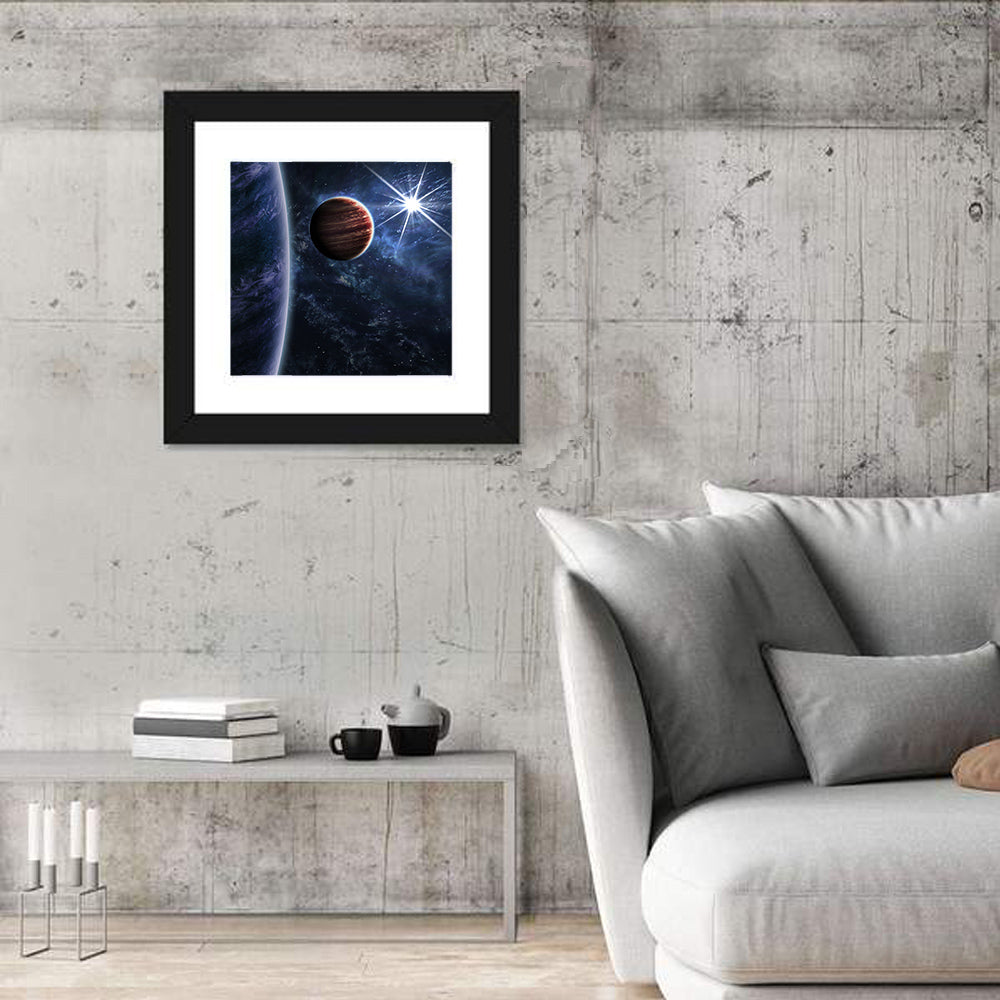 Blue Planet Closeup with Starburst Wall Art in a room, square