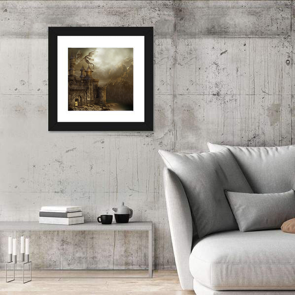 Dragon Perched on Castle Wall Art in a room, square