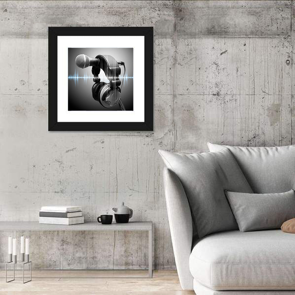 Headphones on Microphone with Sound Waves Wall Art