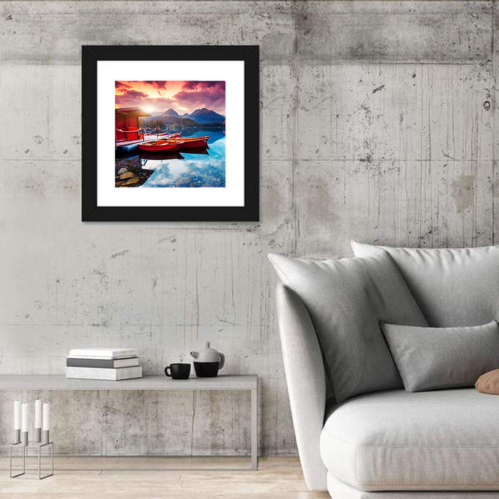 High Tatras Sunset Lake with Red Boats Wall Art