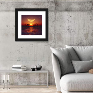 Yellow Moon Over Red Sunset At Tropical Sea Wall Art