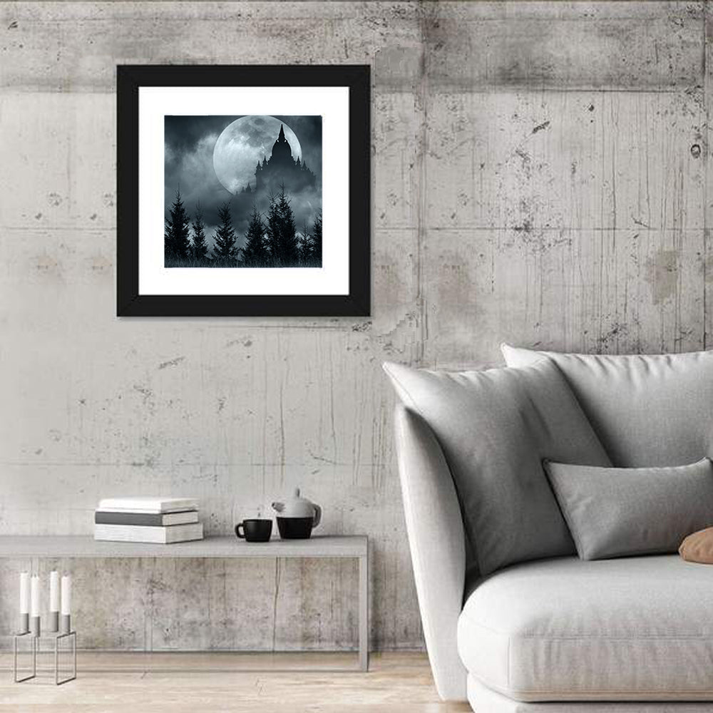 Moonlit Magic Castle Silhouette Wall Art in a room, square