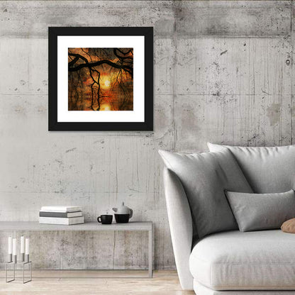 Lake Tree Branches Sunset Wall Art