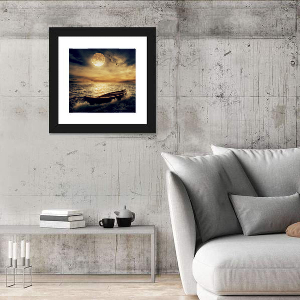 Moonlit Boat in Stormy Ocean Wall Art