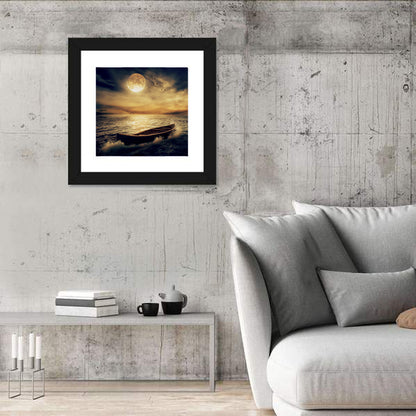 Moonlit Boat in Stormy Ocean Wall Art