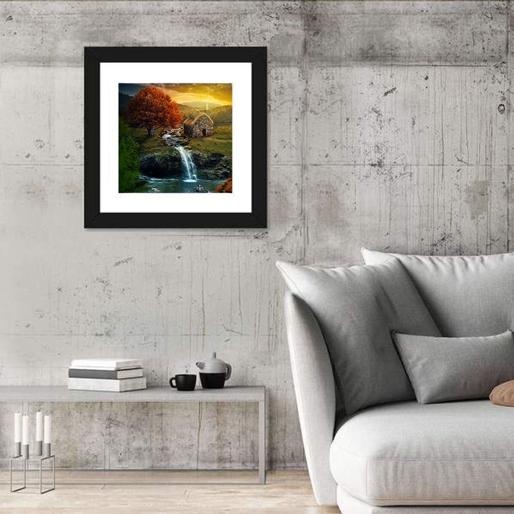 Thatched Cottage by Mountain Stream Wall Art