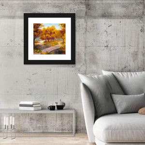 Autumn Forest With River & Bridge Wall Art