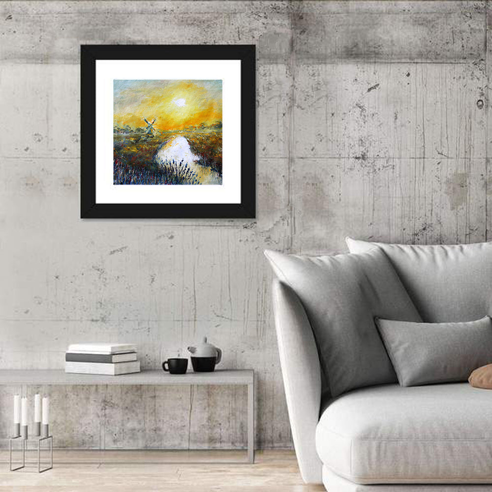 Windmill at Sunrise Over River Wall Art