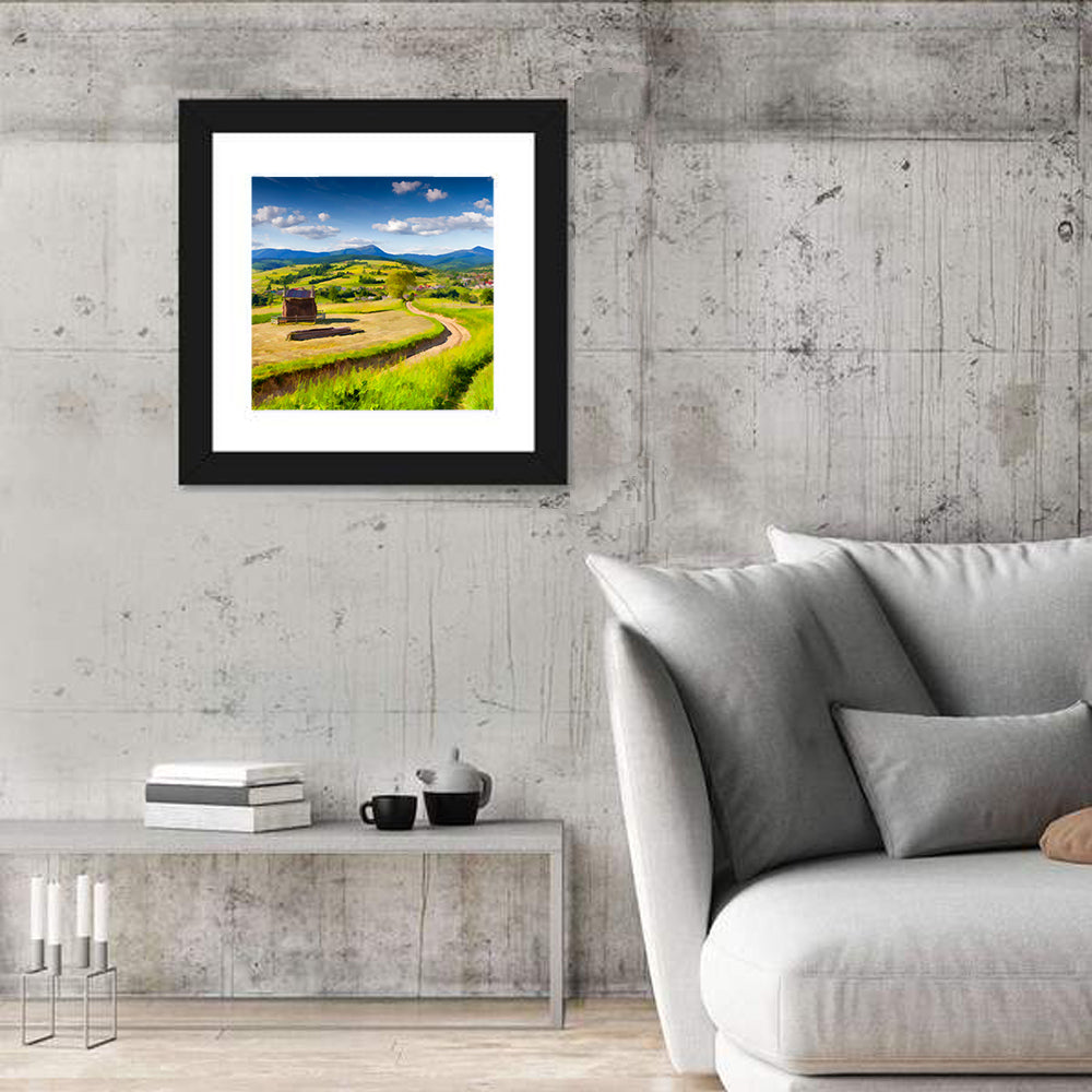 Summer Mountain Village Wall Art in a room, square