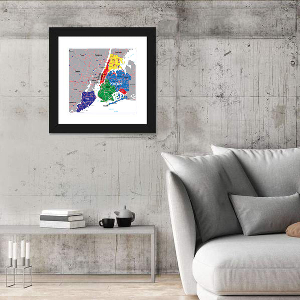Color-coded New York City Map Wall Art in a room, square