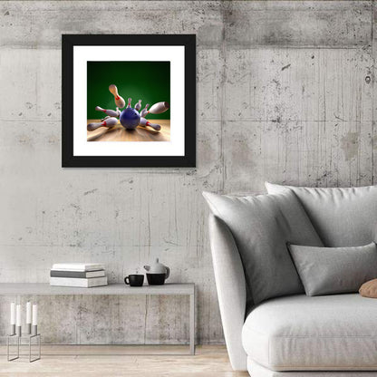 Blue Bowling Ball Hitting Pins Wall Art