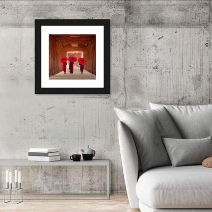 Novice Monks with Red Umbrellas Wall Art
