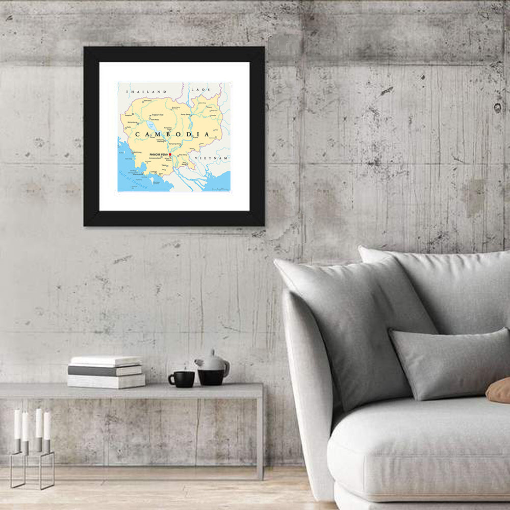 Minimalist Cambodia Political Map Wall Art in a room, square