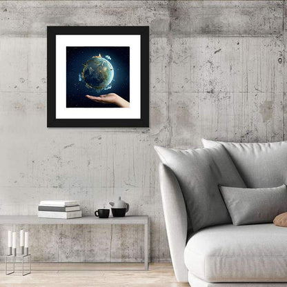 Earth Cradled in Palm with City Lights Wall Art