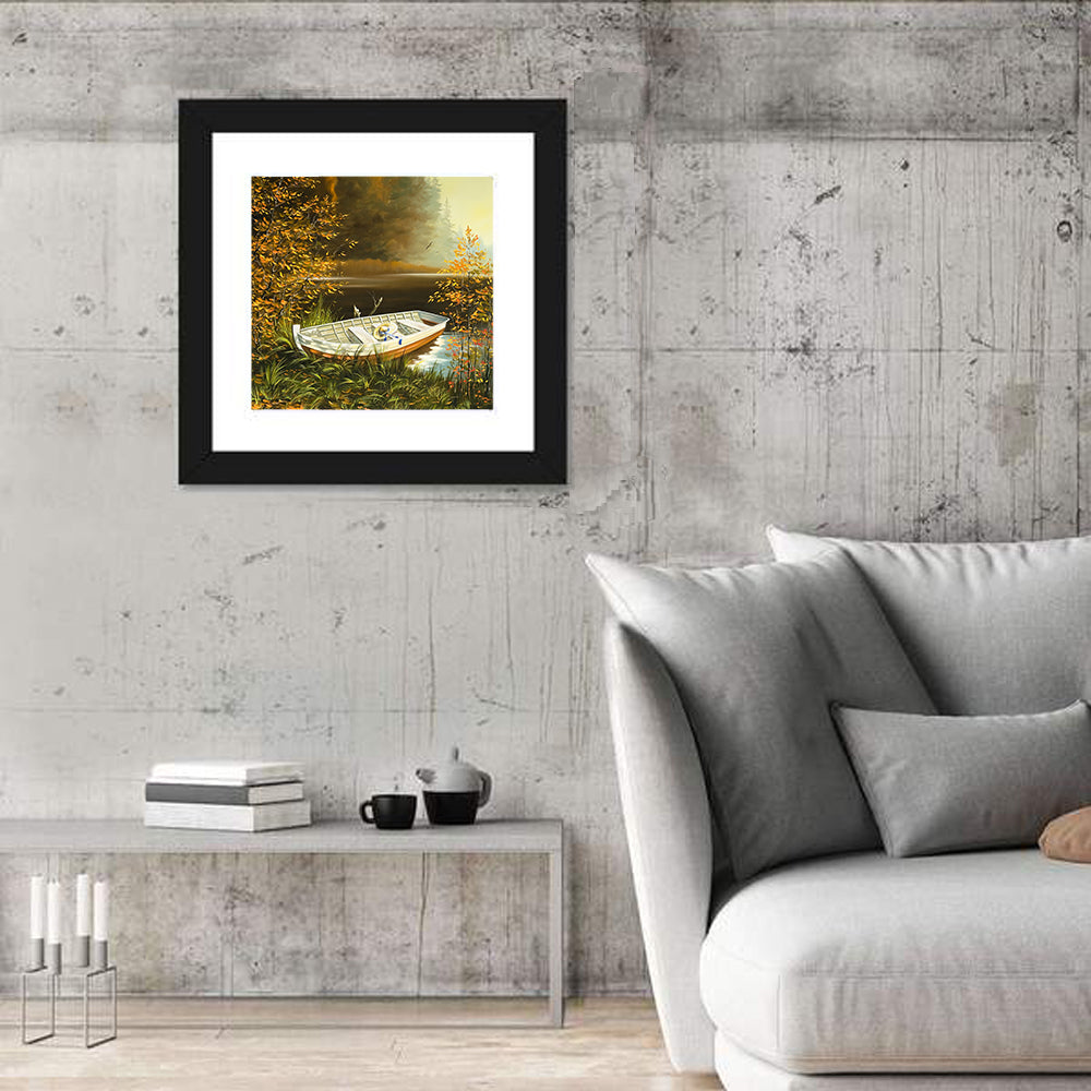Boat with Straw Hat on Lake Bank Wall Art
