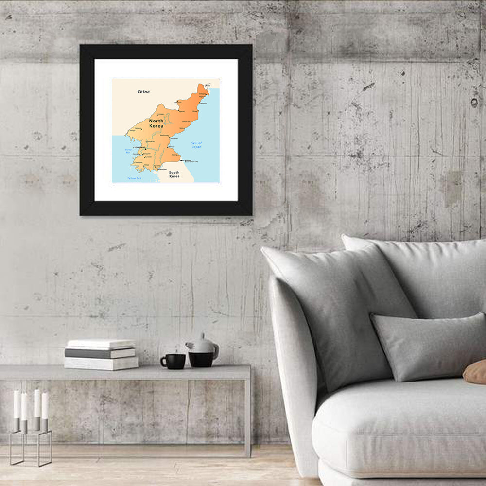 North Korea Political Map Wall Art in a room, square