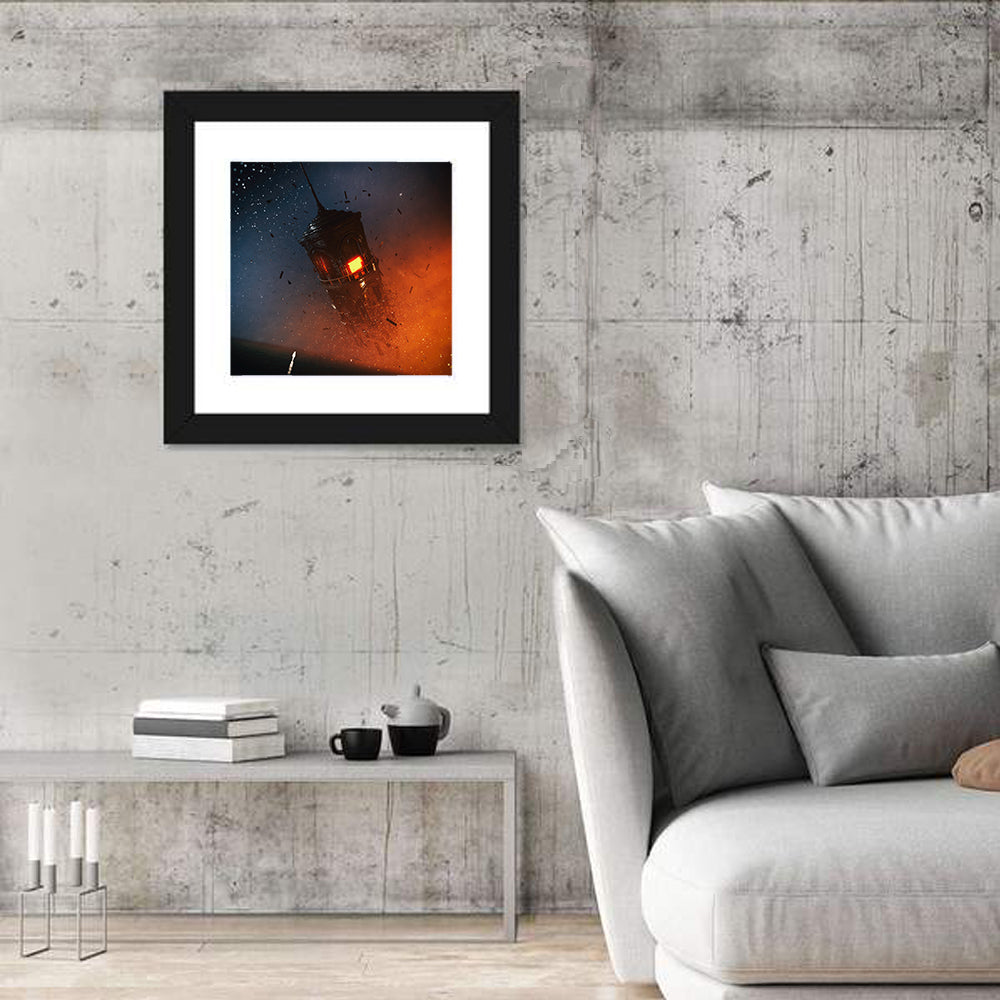 Floating Tower at Night Wall Art in a room, square