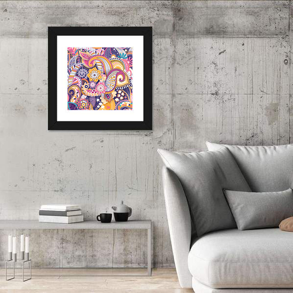 Indian Ornamental Paisley Pattern Wall Art in a room, square