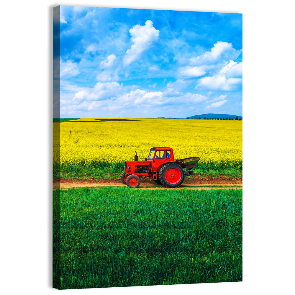 Red Tractor Over Yellow Rapeseed Field Wall Art