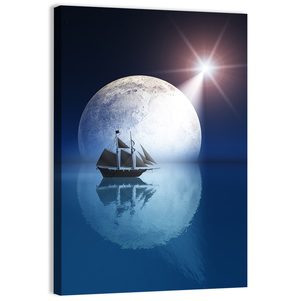 Moonlit Ship with Glowing Star Wall Art