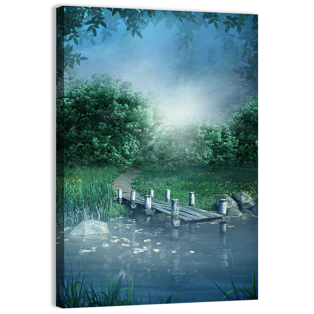 Misty Forest Lake with Wooden Bridge Wall Art