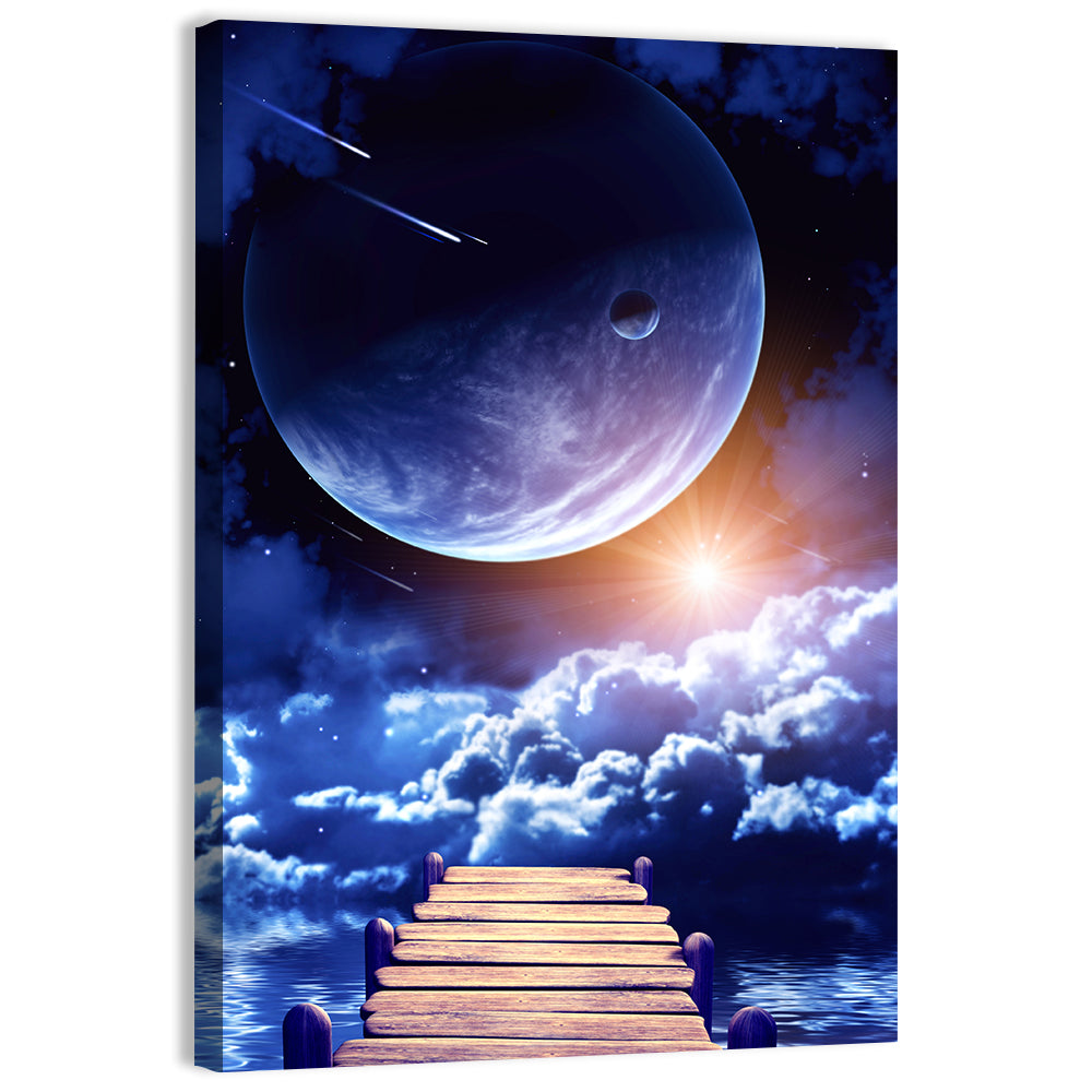 Wooden Pier Under Planetary Nebula Wall Art, canvas print, portrait