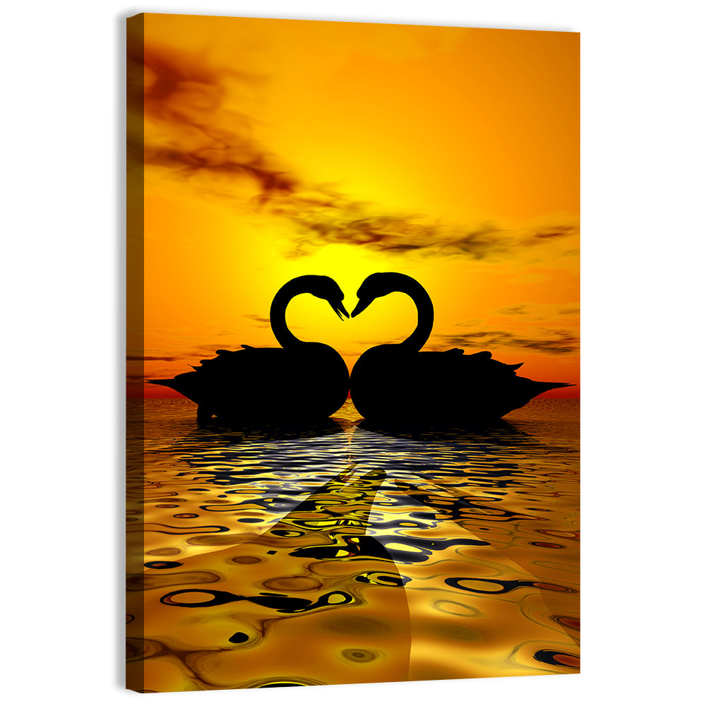 Swans Forming Heart at Sunset Wall Art