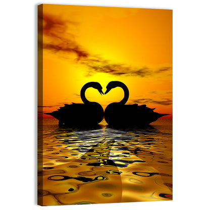 Swans Forming Heart at Sunset Wall Art
