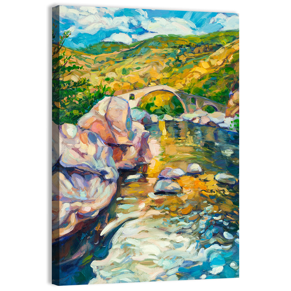 Arched Stone Bridge in Mountain River Wall Art