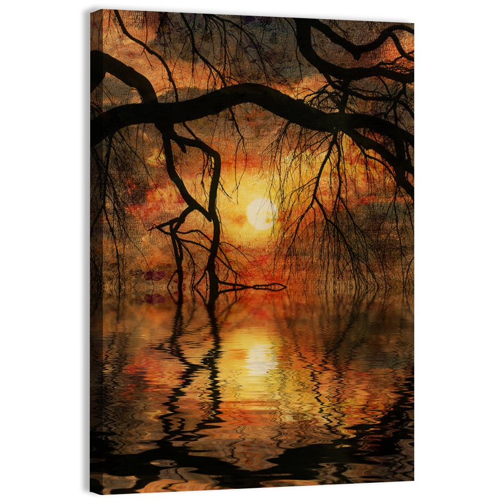 Lake Tree Silhouette at Golden Sunset Wall Art