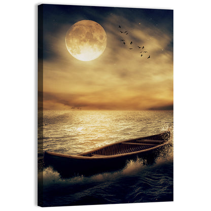 Moonlit Boat in Stormy Ocean Wall Art