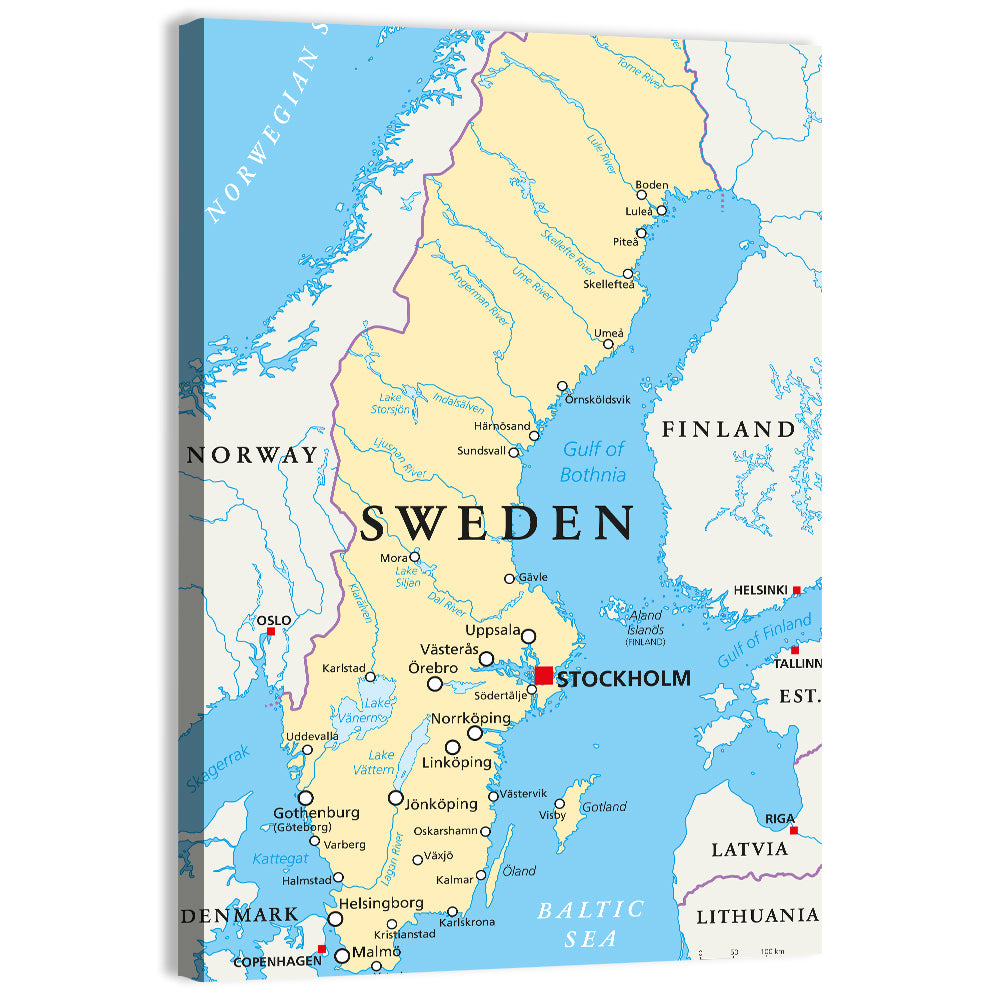 Political Map of Sweden Wall Art, canvas print, portrait