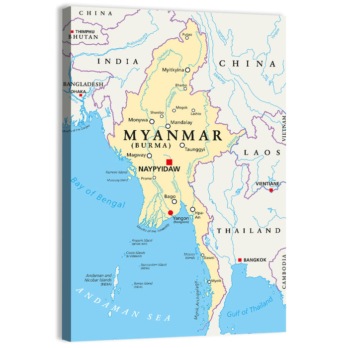 Myanmar Political Map, Blue and Yellow Wall Art as a canvas print