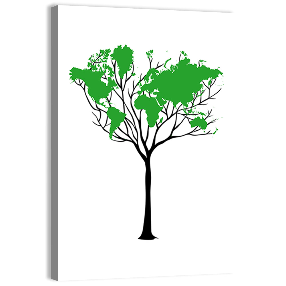 World Map Tree with Green Canopy Wall Art