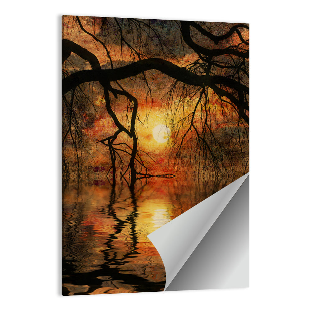 Lake Tree Silhouette at Golden Sunset Wall Art