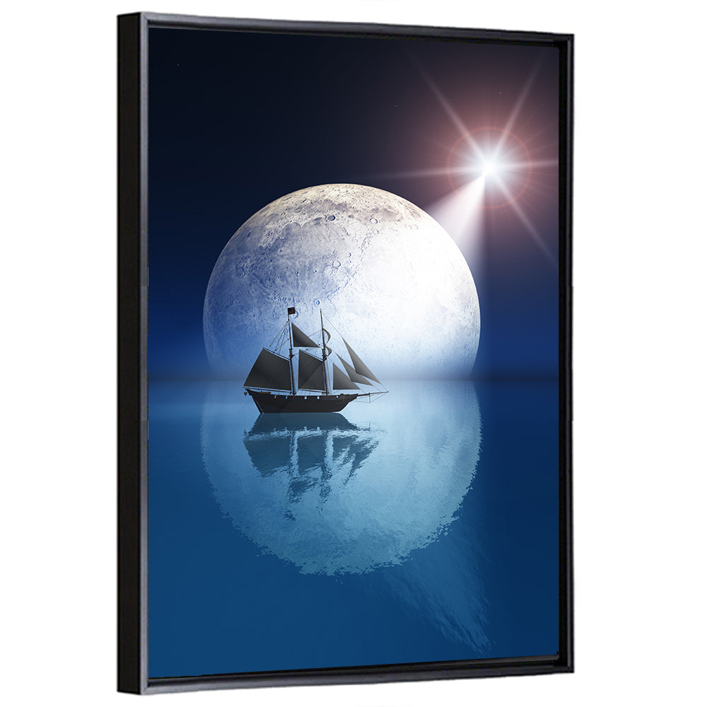 Moonlit Ship with Glowing Star Wall Art
