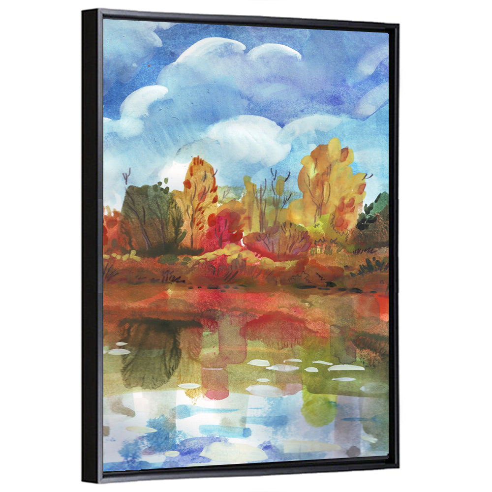 Autumn Lake Reflection Watercolor Wall Art