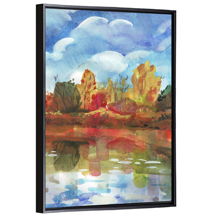 Autumn Lake Reflection Watercolor Wall Art as a framed canvas