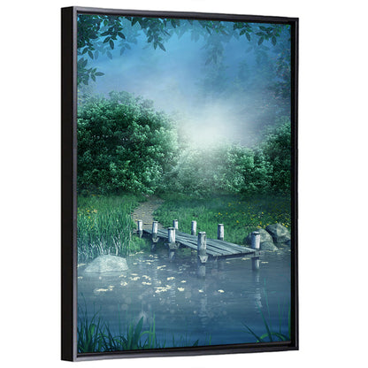 Misty Forest Lake with Wooden Bridge Wall Art