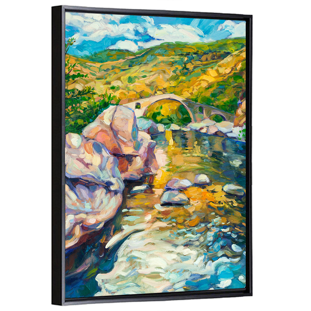Arched Stone Bridge in Mountain River Wall Art