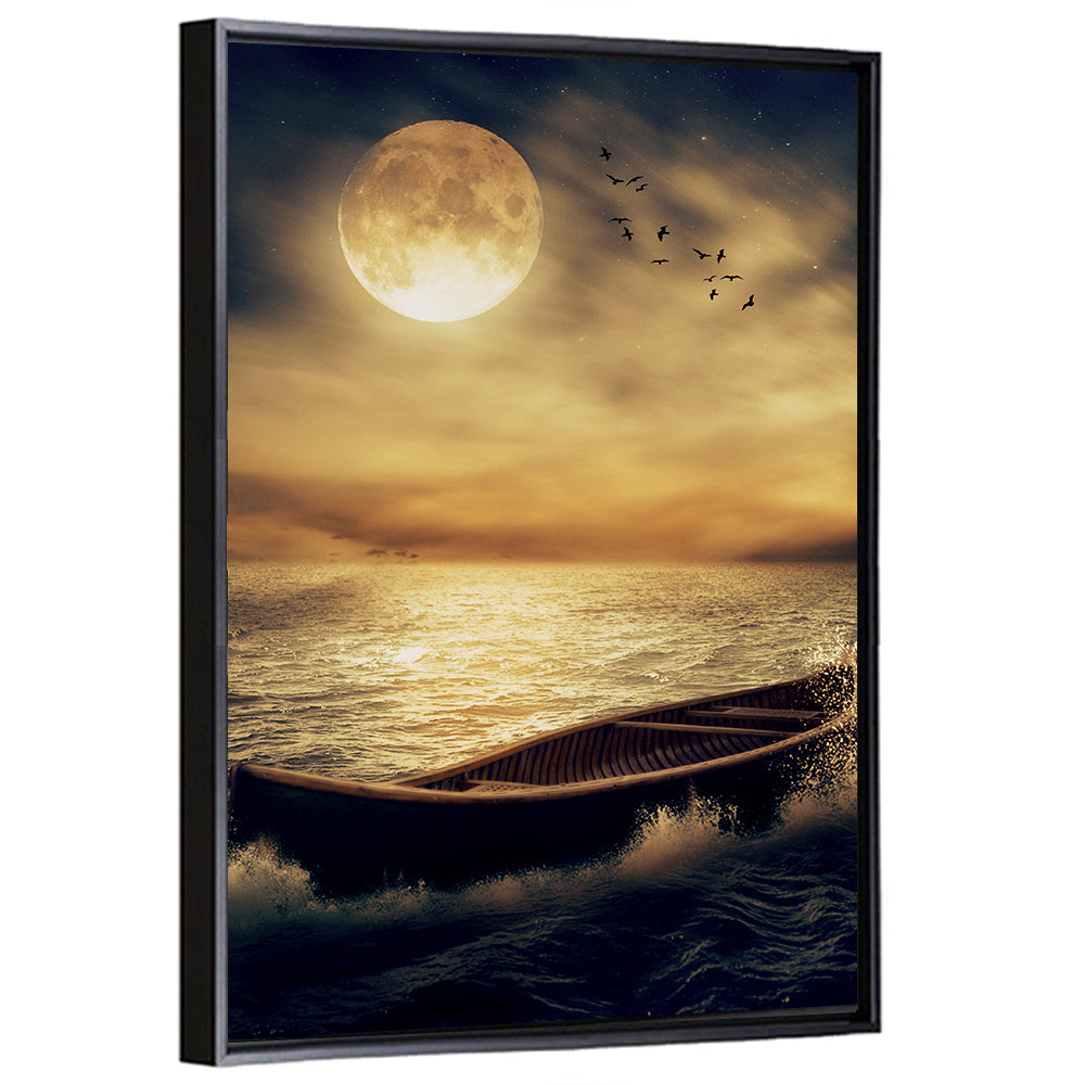 Moonlit Boat in Stormy Ocean Wall Art